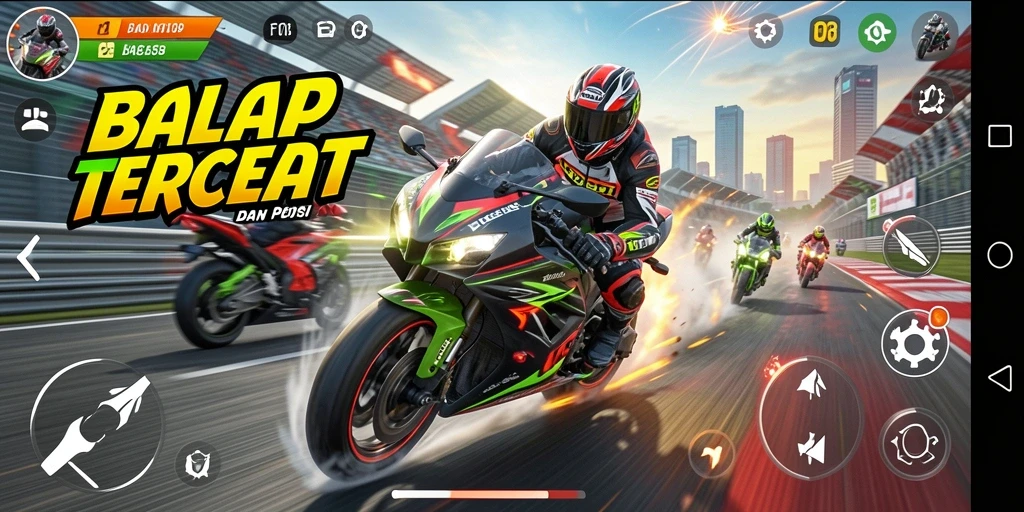 Antarmuka F08 menampilkan trek balap motor yang seru dan menegangkan.