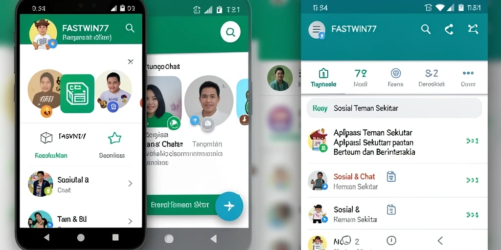 Tampilan antarmuka aplikasi FASTWIN77 untuk bertemu teman sekitar.