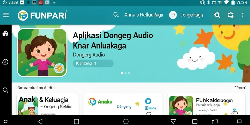 Antarmuka aplikasi FUNPARI dengan pilihan dongeng audio yang beragam.