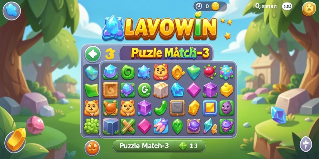 Screenshot utama LAVOWIN menampilkan antarmuka permainan Puzzle Match-3 yang menarik.
