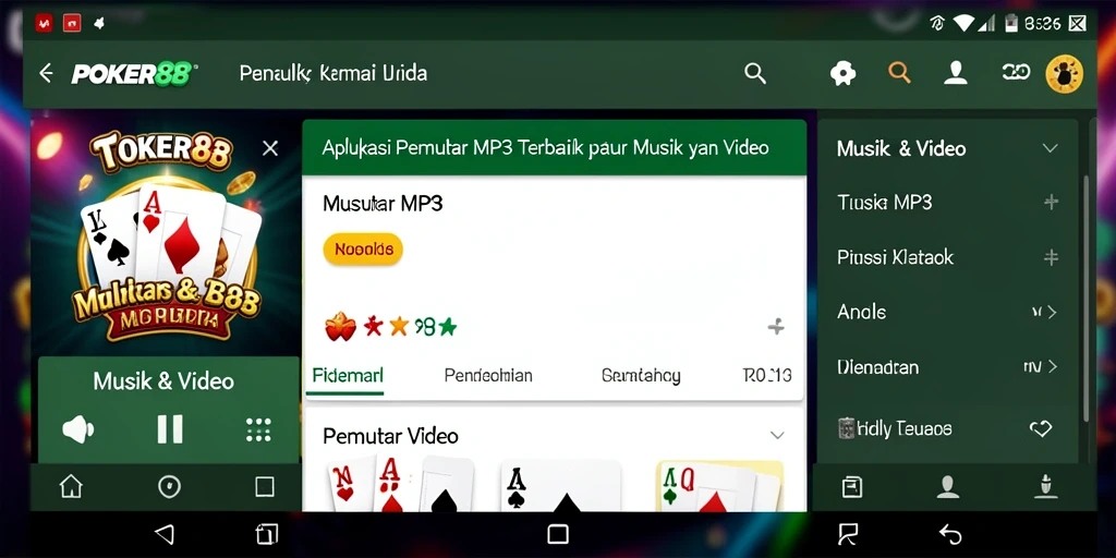 Tampilan antarmuka aplikasi Pemutar MP3 POKER88 yang menarik dan fungsional.